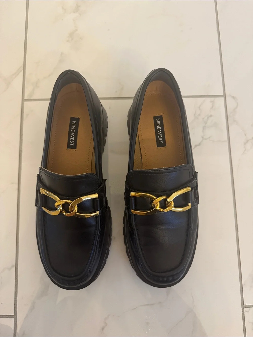 Nine West Black Loafers with Gold Chain Accent
